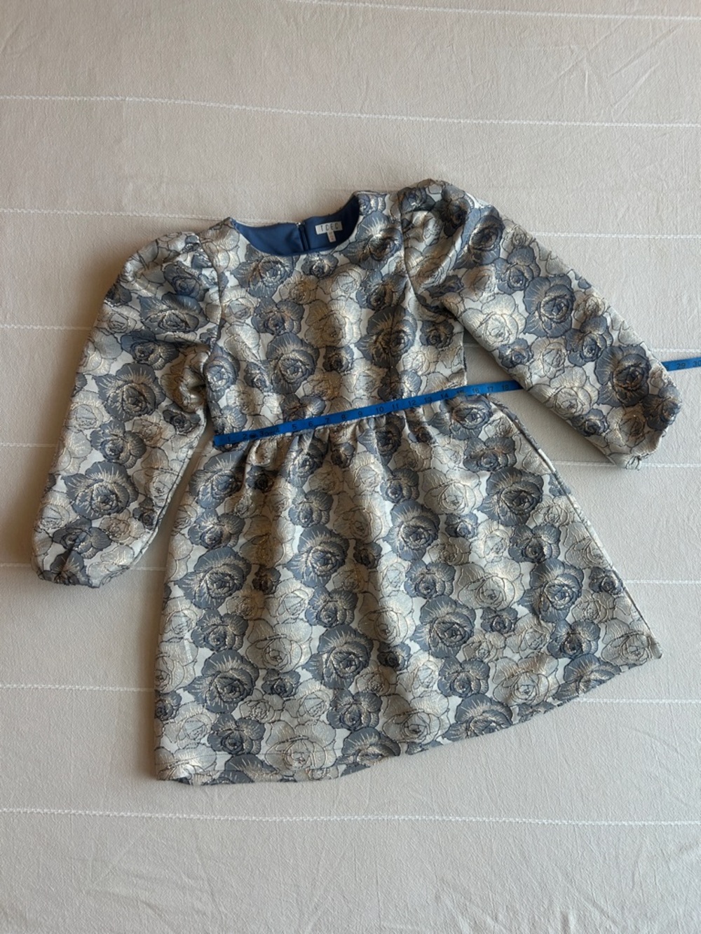 TCEC Cream and Blue Floral Jacquard Mini Dress with Blue Waist Trim